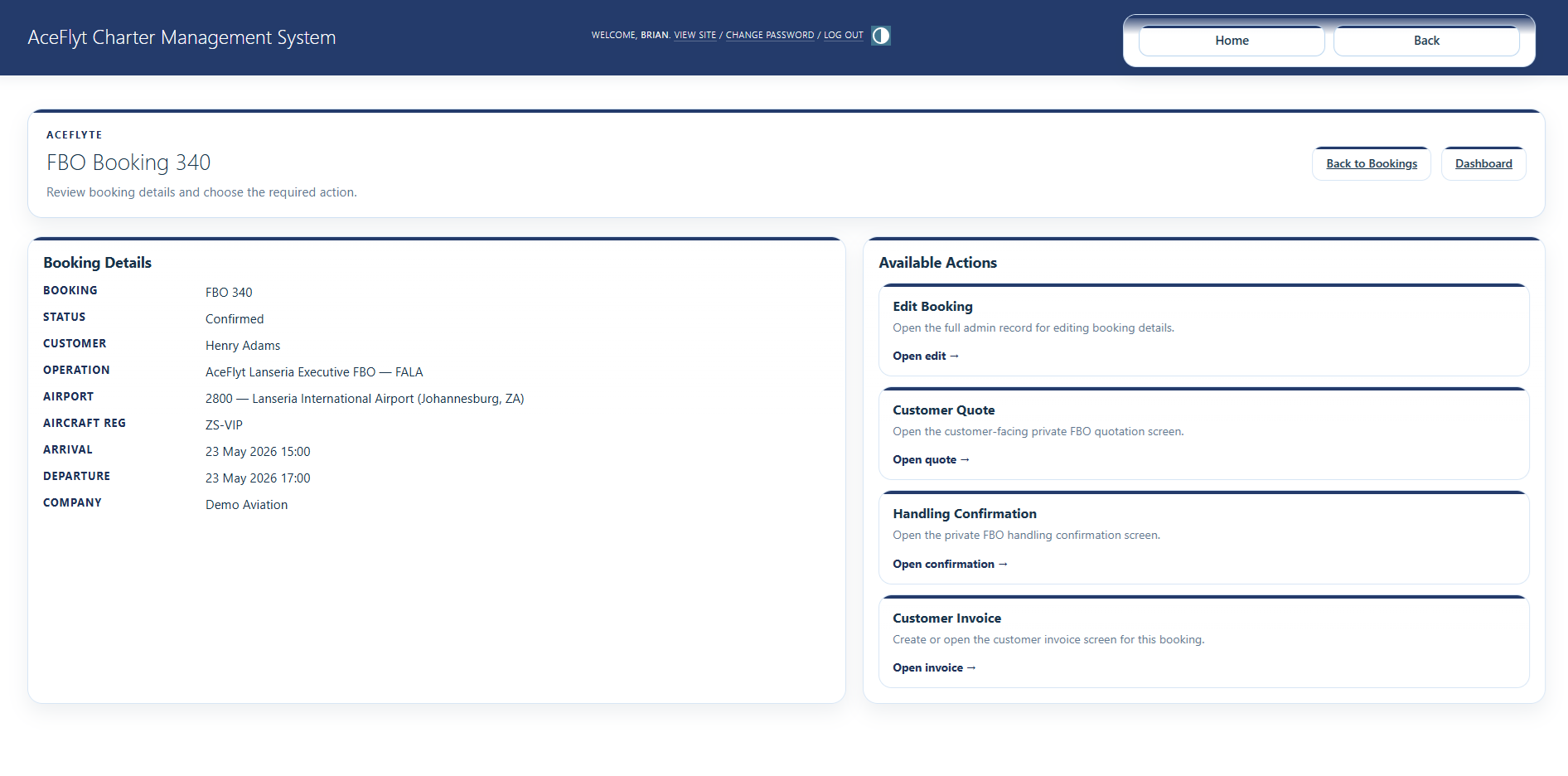 AceFlyt FBO booking detail
