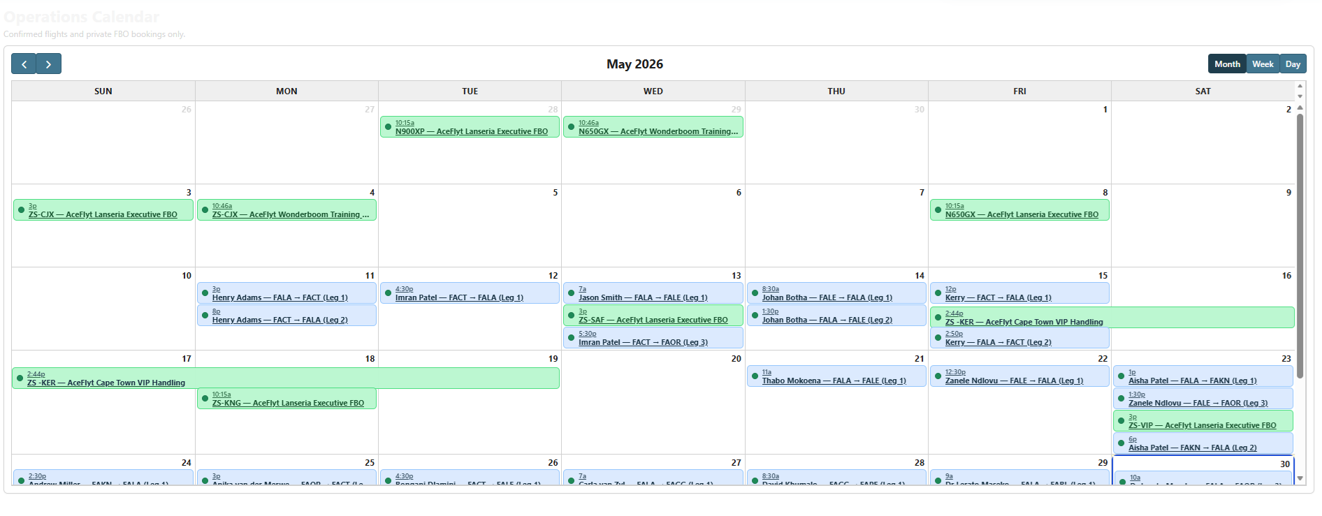 AceFlyt operations calendar